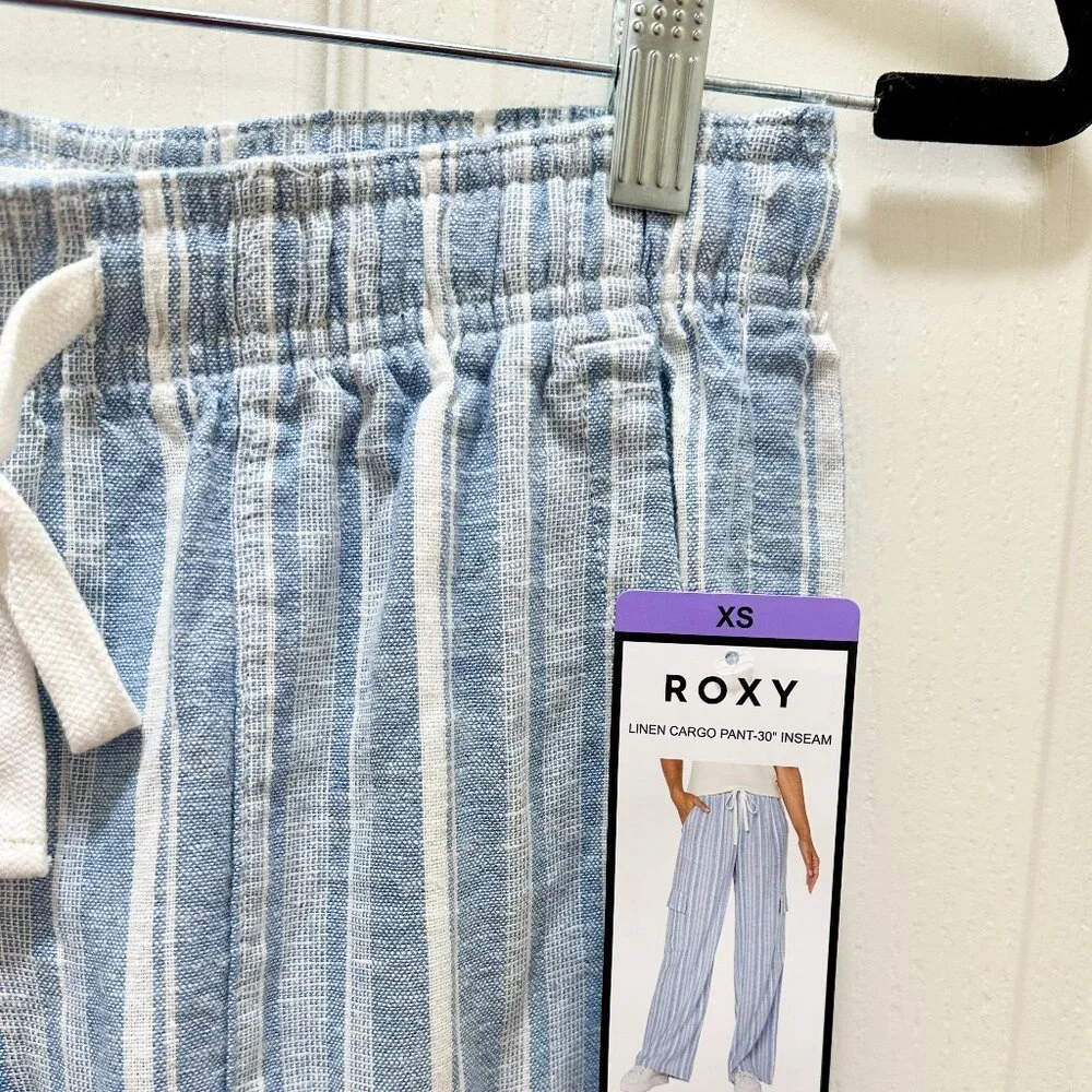 Roxy Women's Linen Blend Cargo Pant Size XS Blue Cottagecore Coastal Boho (NEW)